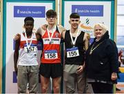 18 January 2020; Athletics Ireland president Georgina Drumm, right, with the U16 Men's combined events medallists, from left, Mathieu Madden of Galway City Harriers A.C., Co. Galway, silver, Finn O Neill of Lifford Strabane A.C., Co. Donegal, gold, and Karlis Kaugars of Dunleer A.C., Co. Louth, bronze,  during the Irish Life Health Indoor Combined Events All Ages at Athlone International Arena, AIT in Athlone, Co. Westmeath. Photo by Sam Barnes/Sportsfile