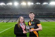 18 January 2020; Claire Liston of AIB presents James Bergin of Conahy Shamrocks with his AIB Man of the Match Award after the AIB GAA Hurling All-Ireland Junior Club Championship Final between Russell Rovers and Conahy Shamrocks at Croke Park in Dublin. Photo by Piaras Ó Mídheach/Sportsfile
