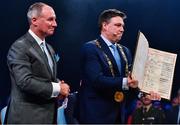 18 January 2020; Lord Mayor of Dublin Paul McAuliffe, shows a book after Former Dublin GAA football team manager Jim Gavin, left, signed it at the Conferring of the Honorary Freedom of Dublin City on Jim Gavin ceremony in the Round Room at the Mansion House, in Dawson St, Dublin. Photo by Ray McManus/Sportsfile