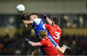 18 January 2020; Conor McCarthy of Monaghan in action against Hugh Pat McGeary and Ronan McNamee of Tyrone during the Bank of Ireland Dr McKenna Cup Final between Monaghan and Tyrone at Athletic Grounds in Armagh. Photo by Oliver McVeigh/Sportsfile