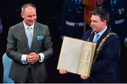18 January 2020; Former Dublin GAA football team manager Jim Gavin with Lord Mayor of Dublin Paul McAuliffe, at the Conferring of the Honorary Freedom of Dublin City on Jim Gavin ceremony in the Round Room at the Mansion House, in Dawson St, Dublin. Photo by Brendan Moran/Sportsfile