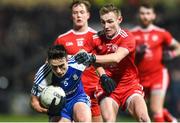 18 January 2020; Shane Carey of Monaghan in action against Conor Quinn of Tyrone during the Bank of Ireland Dr McKenna Cup Final between Monaghan and Tyrone at Athletic Grounds in Armagh. Photo by Oliver McVeigh/Sportsfile