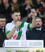 18 January 2020; Tullaroan captain Shane Walsh during his acceptance speech after the AIB GAA Hurling All-Ireland Intermediate Club Championship Final between Fr. O’Neill's and Tullaroan at Croke Park in Dublin. Photo by Piaras Ó Mídheach/Sportsfile