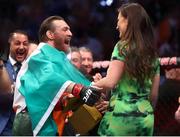 18 January 2020; Conor McGregor celebrates with partner Dee Devlin following his UFC 246 Welterweight bout victory over Donald Cerrone at the T-Mobile Arena in Las Vegas, Nevada, USA. Photo by Mark J. Rebilas / USA TODAY Sports via Sportsfile