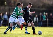 18 January 2020; Killian Cantrell of Bray Wanderers and Kieran Toland, left, and Graham Burke of Shamrock Rovers during the Pre-Season Friendly between Shamrock Rovers and Bray Wanderers at Roadstone Group Sports Club in Dublin. Photo by Ben McShane/Sportsfile
