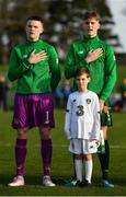 18 January 2020; Conor Walsh, left, and Cathal Heffernan of Republic of Ireland during the national anthem prior to the International Friendly match between Republic of Ireland U15 and Australia U17 at FAI National Training Centre in Abbotstown, Dublin. Photo by Seb Daly/Sportsfile