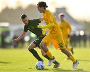 18 January 2020; Elijah Hughes of Australia in action against Adam Murphy of Republic of Ireland during the International Friendly match between Republic of Ireland U15 and Australia U17 at FAI National Training Centre in Abbotstown, Dublin. Photo by Seb Daly/Sportsfile