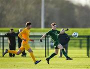 18 January 2020; Alex Nolan of Republic of Ireland in action against Aidan Croucher of Australia during the International Friendly match between Republic of Ireland U15 and Australia U17 at FAI National Training Centre in Abbotstown, Dublin. Photo by Seb Daly/Sportsfile