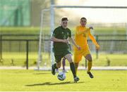 18 January 2020; Cathal Heffernan of Republic of Ireland in action against Harry Skotadis of Australia during the International Friendly match between Republic of Ireland U15 and Australia U17 at FAI National Training Centre in Abbotstown, Dublin. Photo by Seb Daly/Sportsfile