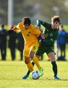 18 January 2020; Kevin Zefi of Republic of Ireland in action against Gianna Di Pizio of Australia during the International Friendly match between Republic of Ireland U15 and Australia U17 at FAI National Training Centre in Abbotstown, Dublin. Photo by Seb Daly/Sportsfile