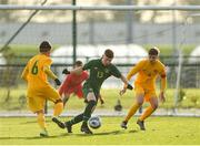 18 January 2020; Alex Nolan of Republic of Ireland in action against Gianna Di Pizio and Aidan Croucher of Australia during the International Friendly match between Republic of Ireland U15 and Australia U17 at FAI National Training Centre in Abbotstown, Dublin. Photo by Seb Daly/Sportsfile