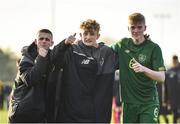 18 January 2020; Republic of Ireland players, from left, Adam Murphy, Sam Curtis and Cathal Heffernan celebrate following the International Friendly match between Republic of Ireland U15 and Australia U17 at FAI National Training Centre in Abbotstown, Dublin. Photo by Seb Daly/Sportsfile