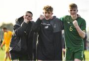 18 January 2020; Republic of Ireland players, from left, Adam Murphy, Sam Curtis and Cathal Heffernan celebrate following the International Friendly match between Republic of Ireland U15 and Australia U17 at FAI National Training Centre in Abbotstown, Dublin. Photo by Seb Daly/Sportsfile