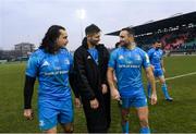 18 January 2020; James Lowe, left, Ross Byrne and Dave Kearney, right, of Leinster following the Heineken Champions Cup Pool 1 Round 6 match between Benetton and Leinster at the Stadio Comunale di Monigo in Treviso, Italy. Photo by Ramsey Cardy/Sportsfile