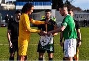 18 January 2020; Republic of Ireland captain Kyle Robinson and Australia captain Nathan Grimaldi exchange pennants ahead of the U18 Schools International Friendly between Republic of Ireland and Australia at Home Farm, Whitehall in Dublin. Photo by Ben McShane/Sportsfile