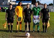 18 January 2020; Republic of Ireland captain Kyle Robinson and Australia captain Nathan Grimaldi stand with officials ahead of the U18 Schools International Friendly between Republic of Ireland and Australia at Home Farm, Whitehall in Dublin. Photo by Ben McShane/Sportsfile