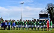 18 January 2020; The Republic of Ireland team stand for Amhrán na bhFiann ahead of the U18 Schools International Friendly between Republic of Ireland and Australia at Home Farm, Whitehall in Dublin. Photo by Ben McShane/Sportsfile