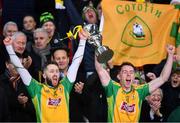 19 January 2020; Corofin joint-captains Micheál Lundy, left, and Jason Leonard lift the the Andy Merrigan Cup following the AIB GAA Football All-Ireland Senior Club Championship Final between Corofin and Kilcoo at Croke Park in Dublin. Photo by Sam Barnes/Sportsfile