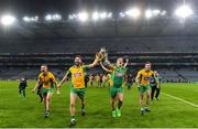 19 January 2020; Corofin players, from left, Kieran Molloy, Martin Farragher, Bernard Power and Dylan Wall celebrate with the Andy Merrigan Cup following the AIB GAA Football All-Ireland Senior Club Championship Final between Corofin and Kilcoo at Croke Park in Dublin. Photo by Sam Barnes/Sportsfile