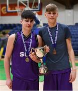 20 January 2020;  Skibbereen Community School joint captains Stevie Redmond, left, and Eividas Andreikius of Skibbereen Community School with the trophy following the Basketball Ireland U16 C Boys Schools Cup Final between St Joseph's Secondary School, Rochfortbridge and Skibbereen Community School at the National Basketball Arena in Tallaght, Dublin. Photo by Harry Murphy/Sportsfile