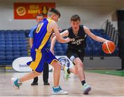 20 January 2020; Christian McDonnell of Malahide Community School in action against Liam Rowley of St Patrick's College, Cavan, during the Basketball Ireland U16 A Boys Schools Cup Final between Malahide Community School and St Patrick's College, Cavan at the National Basketball Arena in Tallaght, Dublin. Photo by Harry Murphy/Sportsfile