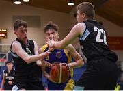 20 January 2020; Arnoldas Juska of St Patrick's College, Cavan, in action against Christian McDonnell, left, and Matthew Poole of Malahide Community School during the Basketball Ireland U16 A Boys Schools Cup Final between Malahide Community School and St Patrick's College, Cavan at the National Basketball Arena in Tallaght, Dublin. Photo by Harry Murphy/Sportsfile