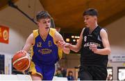 20 January 2020; Cillian Moran of St Patrick's College, Cavan, in action against Cian Whitney of Malahide Community School during the Basketball Ireland U16 A Boys Schools Cup Final between Malahide Community School and St Patrick's College, Cavan at the National Basketball Arena in Tallaght, Dublin. Photo by Harry Murphy/Sportsfile