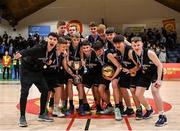 20 January 2020; Malahide Community School players celebrate with the trophy following the Basketball Ireland U16 A Boys Schools Cup Final between Malahide Community School and St Patrick's College, Cavan at the National Basketball Arena in Tallaght, Dublin. Photo by Harry Murphy/Sportsfile