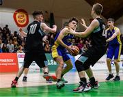 20 January 2020; Arnoldas Juska of St Patrick's College, Cavan, in action against Eoin Timmons, left, and Matthew Poole of Malahide Community School during the Basketball Ireland U16 A Boys Schools Cup Final between Malahide Community School and St Patrick's College, Cavan at the National Basketball Arena in Tallaght, Dublin. Photo by Harry Murphy/Sportsfile