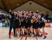 20 January 2020; Malahide Community School players celebrate with the trophy following the Basketball Ireland U16 A Boys Schools Cup Final between Malahide Community School and St Patrick's College, Cavan at the National Basketball Arena in Tallaght, Dublin. Photo by Harry Murphy/Sportsfile