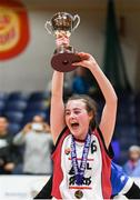 20 January 2020; Emma Meehan of  Abbey Vocational School lifts the trophy following the Basketball Ireland U16 B Girls Schools Cup Final between Abbey Vocational School and Coláiste Mhuire, Crosshaven at the National Basketball Arena in Tallaght, Dublin. Photo by Harry Murphy/Sportsfile