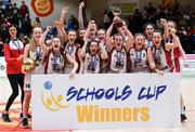 20 January 2020; Abbey Vocational School players celebrate with the trophy following the Basketball Ireland U16 B Girls Schools Cup Final between Abbey Vocational School and Coláiste Mhuire, Crosshaven at the National Basketball Arena in Tallaght, Dublin. Photo by Harry Murphy/Sportsfile