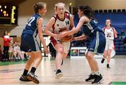 20 January 2020; SarahDonovan of  Abbey Vocational School in action against Alex Fagan, left, and Amy Kellaghan of Coláiste Mhuire, Crosshaven, during the Basketball Ireland U16 B Girls Schools Cup Final between Abbey Vocational School and Coláiste Mhuire, Crosshaven at the National Basketball Arena in Tallaght, Dublin. Photo by Harry Murphy/Sportsfile