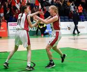 20 January 2020; Anna Mitchell, left, and Sarah Donovan of Abbey Vocational School celebrate following the Basketball Ireland U16 B Girls Schools Cup Final between Abbey Vocational School and Coláiste Mhuire, Crosshaven at the National Basketball Arena in Tallaght, Dublin. Photo by Harry Murphy/Sportsfile