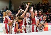 20 January 2020; Abbey Vocational School players celebrate with the trophy following the Basketball Ireland U16 B Girls Schools Cup Final between Abbey Vocational School and Coláiste Mhuire, Crosshaven at the National Basketball Arena in Tallaght, Dublin. Photo by Harry Murphy/Sportsfile