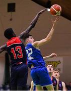 21 January 2020; Conor Kelleher of St Flannan's College goes for a layup against Tony Bonki Ilonky of Ballymakenny College during the Basketball Ireland U19 C Boys Schools Cup Final match between Ballymakenny College and St Flannan's College, Ennis at the National Basketball Arena in Tallaght, Dublin. Photo by Brendan Moran/Sportsfile