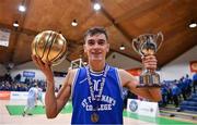 21 January 2020; St Flannan's College captain Kevin Nugent celebrates with the MVP award and the cup after the Basketball Ireland U19 C Boys Schools Cup Final match between Ballymakenny College and St Flannan's College, Ennis at the National Basketball Arena in Tallaght, Dublin. Photo by Brendan Moran/Sportsfile