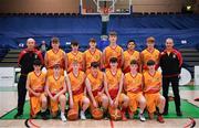 21 January 2020; The Coláiste Cholmcille, Ballyshannon team prior to the Basketball Ireland U16 B Boys Schools Cup Final match between Coláiste Cholmcille, Ballyshannon and Castletroy College at the National Basketball Arena in Tallaght, Dublin. Photo by Brendan Moran/Sportsfile