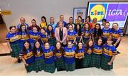 21 January 2020; In their fifth year of partnership with the Ladies Gaelic Football Association, Lidl Ireland are proud to announce the rollout of the ‘One Good Club’ initiative, which brings Lidl’s charity partner, Jigsaw, and the LGFA together to promote positive mental health in LGFA clubs across the country. One Good Club will provide the opportunity for local communities to engage with key messages in the promotion of mental health, and to enable community members to support the young people in their localities. Pictured are, back row, from left, Caoimhe McGrath of Waterford, Nicola Ward of Galway, Emer Gallagher of Donegal, Carla Rowe of Dublin, Aishling Moloney of Tipperary, Nicola Brennan of Sligo, Máire O’Shaughnessy of Meath, Eimear Byrne of Louth, Áine Tubridy of Antrim, and Cora Courtney of Monaghan, with Marie Hickey, LGFA President, and students from Castkleknock School, at the launch of the 2020 Lidl Ladies National Football Leagues, at Lidl Ireland Head Office in Tallaght, Dublin. Photo by Seb Daly/Sportsfile