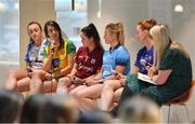 21 January 2020; MC Jacqui Hurley, right, in conversation with Lidl Ladies National League players, from left, Caoimhe McGrath of Waterford, Emer Gallagher of Donegal, Nicola Ward of Galway, Carla Rowe of Dublin, and Aishling Moloney of Tipperary, during the launch of the 2020 Lidl Ladies National Football Leagues at Lidl Ireland Head Office in Tallaght, Dublin.  Photo by Seb Daly/Sportsfile
