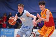 21 January 2020; Ruairi Cronin of Castletroy College in action against Ryan Keenaghan of Coláiste Cholmcille during the Basketball Ireland U16 B Boys Schools Cup Final match between Coláiste Cholmcille, Ballyshannon and Castletroy College at the National Basketball Arena in Tallaght, Dublin. Photo by Brendan Moran/Sportsfile