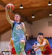 21 January 2020; Ruairi Cronin of Castletroy College in action against Shane Delahunty of Coláiste Cholmcille during the Basketball Ireland U16 B Boys Schools Cup Final match between Coláiste Cholmcille, Ballyshannon and Castletroy College at the National Basketball Arena in Tallaght, Dublin. Photo by Brendan Moran/Sportsfile