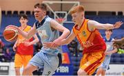 21 January 2020; Ruairi Cronin of Castletroy College in action against Drew Heatley Ryan of Coláiste Cholmcille during the Basketball Ireland U16 B Boys Schools Cup Final match between Coláiste Cholmcille, Ballyshannon and Castletroy College at the National Basketball Arena in Tallaght, Dublin. Photo by Brendan Moran/Sportsfile