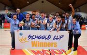 21 January 2020; The Castletroy College team celebrate with the cup after the Basketball Ireland U16 B Boys Schools Cup Final match between Coláiste Cholmcille, Ballyshannon and Castletroy College at the National Basketball Arena in Tallaght, Dublin. Photo by Brendan Moran/Sportsfile