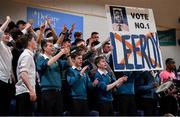21 January 2020; Students from Mercy Mounthawk hold up an &quot;election poster&quot; for their friend Leeroy Odiahi of Mercy Mounthawk during the Basketball Ireland U19 A Boys Schools Cup Final match between Mercy Mounthawk and St Patrick's Castleisland at the National Basketball Arena in Tallaght, Dublin. Photo by Brendan Moran/Sportsfile