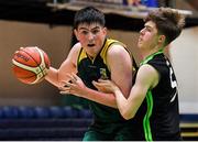 21 January 2020; Aaron Fleming of St Patrick's in action against Sean Pullman Daamen of Mercy Mounthawk during the Basketball Ireland U19 A Boys Schools Cup Final match between Mercy Mounthawk and St Patrick's Castleisland at the National Basketball Arena in Tallaght, Dublin. Photo by Brendan Moran/Sportsfile
