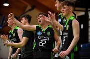 21 January 2020; Sean Collins of Mercy Mounthawk celebrates a score by his team-mates during the Basketball Ireland U19 A Boys Schools Cup Final match between Mercy Mounthawk and St Patrick's Castleisland at the National Basketball Arena in Tallaght, Dublin. Photo by Daniel Tutty/Sportsfile