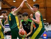 21 January 2020; Steven Bowler of Mercy Mounthawk in action against Aaron Fleming and Padraig Fleming of St Patrick's during the Basketball Ireland U19 A Boys Schools Cup Final match between Mercy Mounthawk and St Patrick's Castleisland at the National Basketball Arena in Tallaght, Dublin. Photo by Brendan Moran/Sportsfile