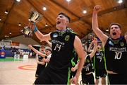 21 January 2020; Mercy Mounthawk captain Daire Kennelly and his team-mates celebrate with the cup after the Basketball Ireland U19 A Boys Schools Cup Final match between Mercy Mounthawk and St Patrick's Castleisland at the National Basketball Arena in Tallaght, Dublin. Photo by Brendan Moran/Sportsfile