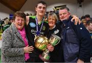 21 January 2020; MVP Steven Bowler of Mercy Mounthawk celebrates with his grandmother Irene O'Donnell, left, mother Mary Bowler and uncle Sean O'Donnell after the Basketball Ireland U19 A Boys Schools Cup Final match between Mercy Mounthawk and St Patrick's Castleisland at the National Basketball Arena in Tallaght, Dublin. Photo by Brendan Moran/Sportsfile
